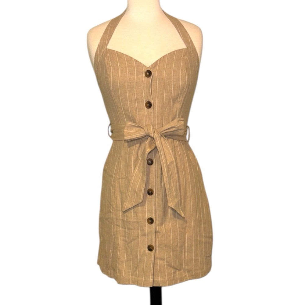 LOST & WANDER Chic tan/white striped Button-Down Halter Mini Dress size Small